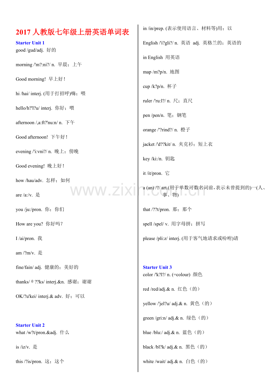 2017人教版七年级上册英语单词表.doc_第1页