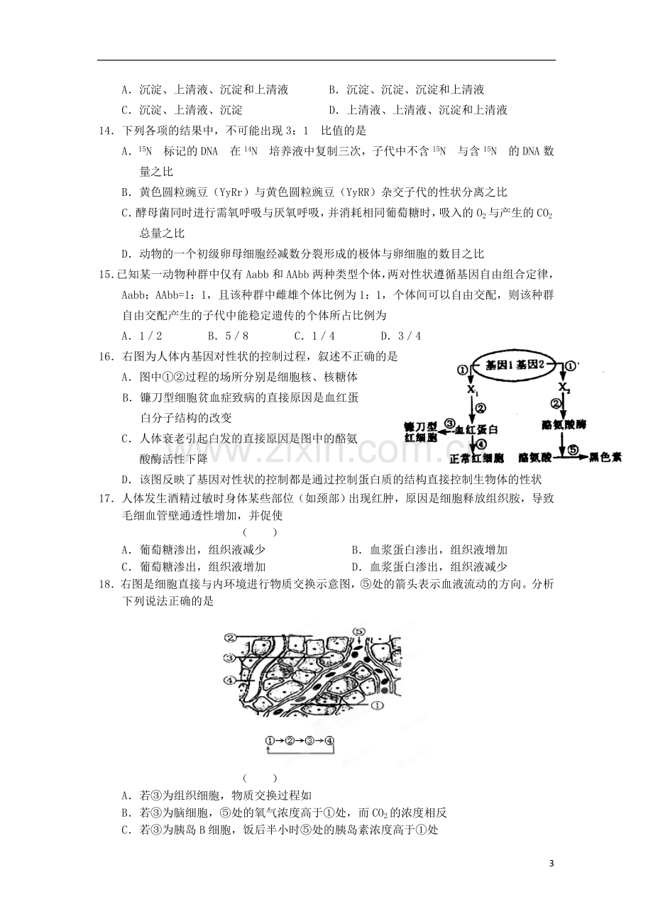 安徽省铜陵市2012-2013学年高一生物上学期期末模拟考试试题新人教版.doc_第3页