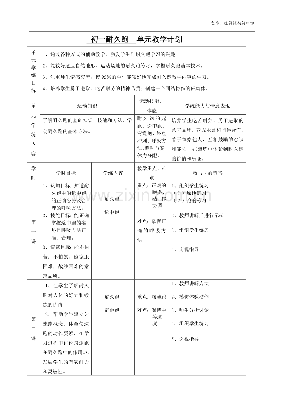 初一耐久跑单元教学计划及教案.doc_第1页