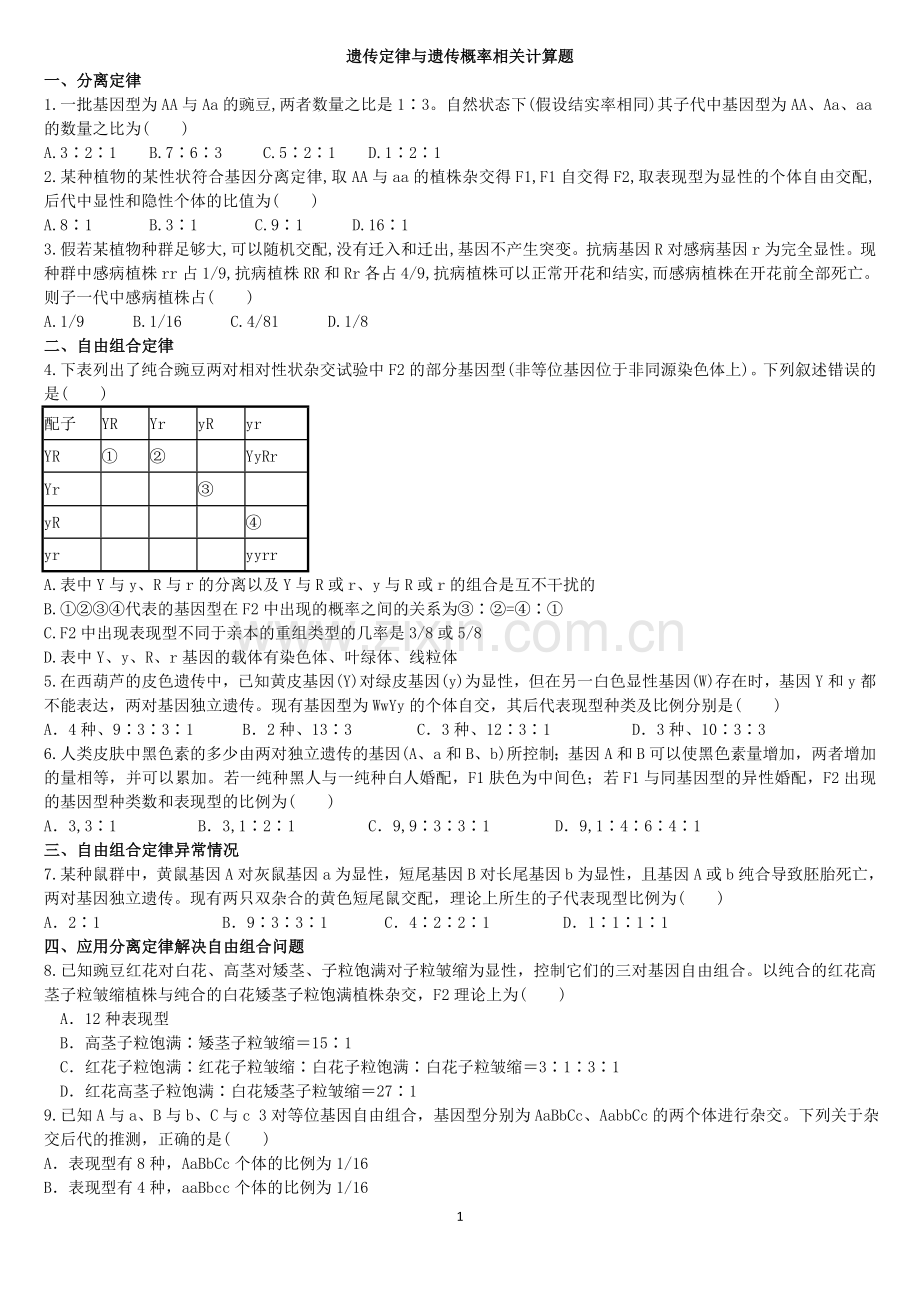 遗传定律与遗传概率计算题.doc_第1页