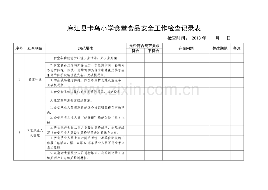 食堂食品安全工作检查记录表.docx_第1页