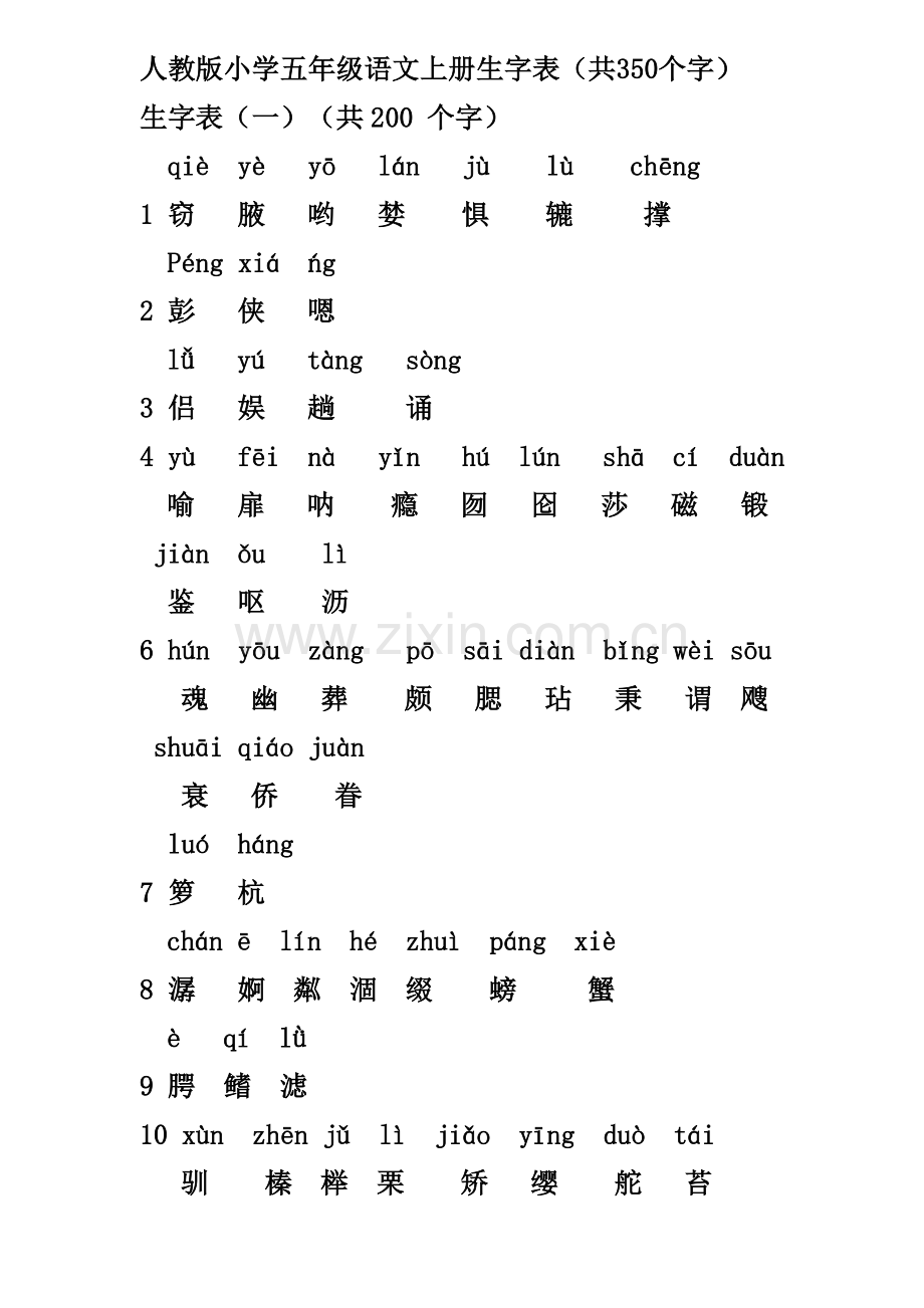 五年级语文上册生字表.doc_第1页