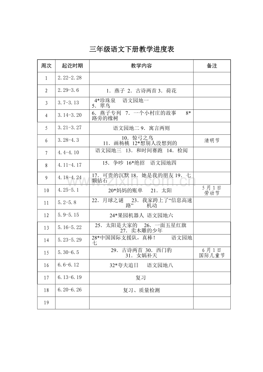 2015-2016学年人教版三年级下册语文教学计划-、进度表.doc_第3页