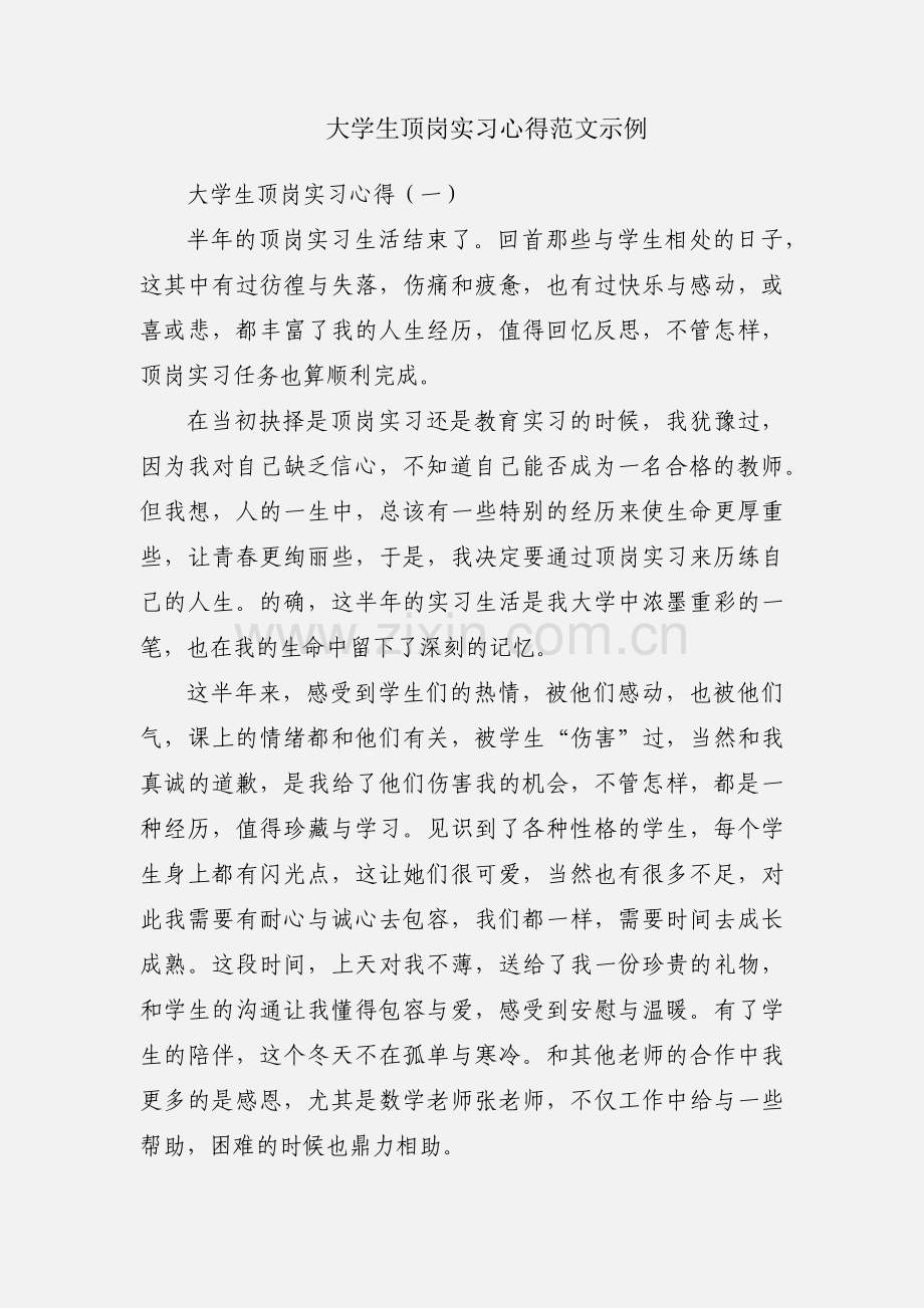 大学生顶岗实习心得范文示例.docx_第1页