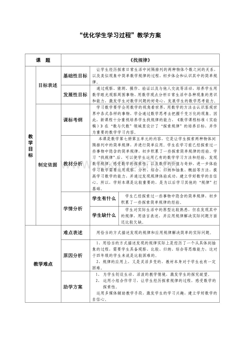 小学数学五年级上册《找规律》教学设计.doc_第1页