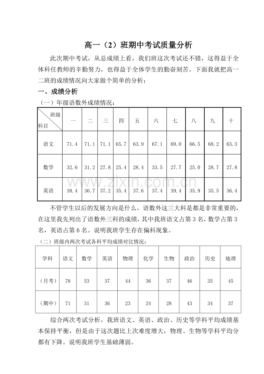 高二年级期中考试质量分析.doc_第1页