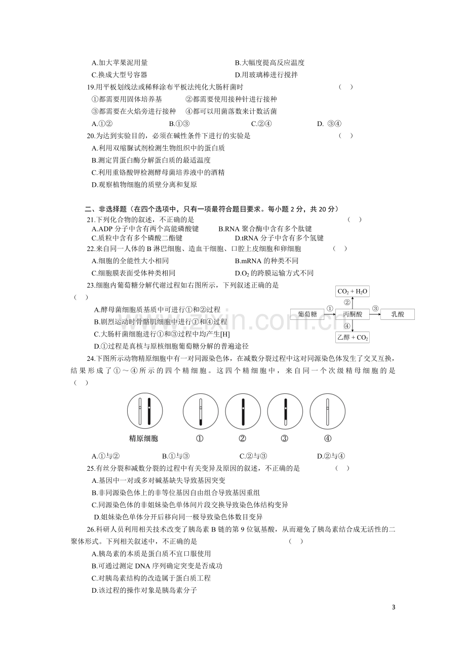 2015-2016海淀区高三年级第一学期期中考试生物试题及答案.doc_第3页