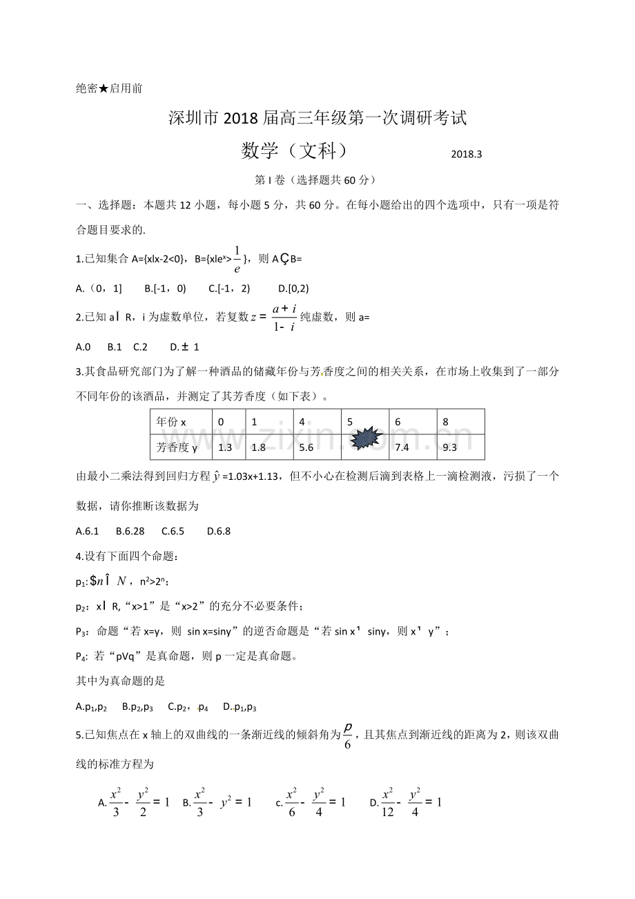 (深圳一模)广东省深圳市2018届高三第一次调研考试文科数学试题.doc_第1页