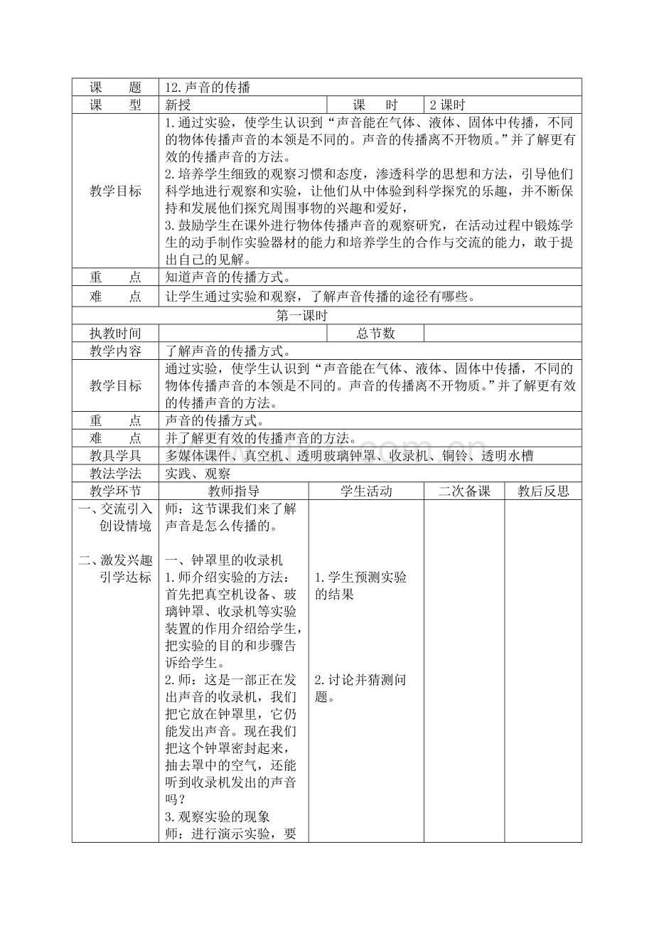 四年级科学上册《声音的传播》教学设计.doc_第1页