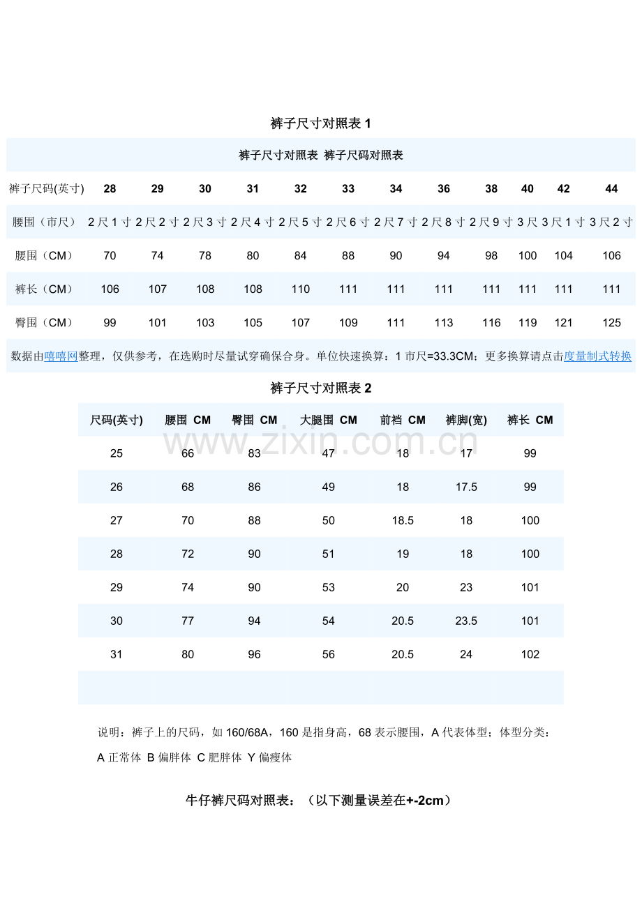 裤子尺码对照表.docx_第1页