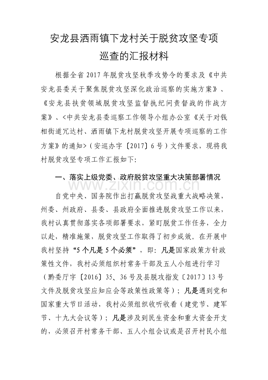 洒雨镇下龙村脱贫攻坚专项巡查汇报材料.docx_第1页