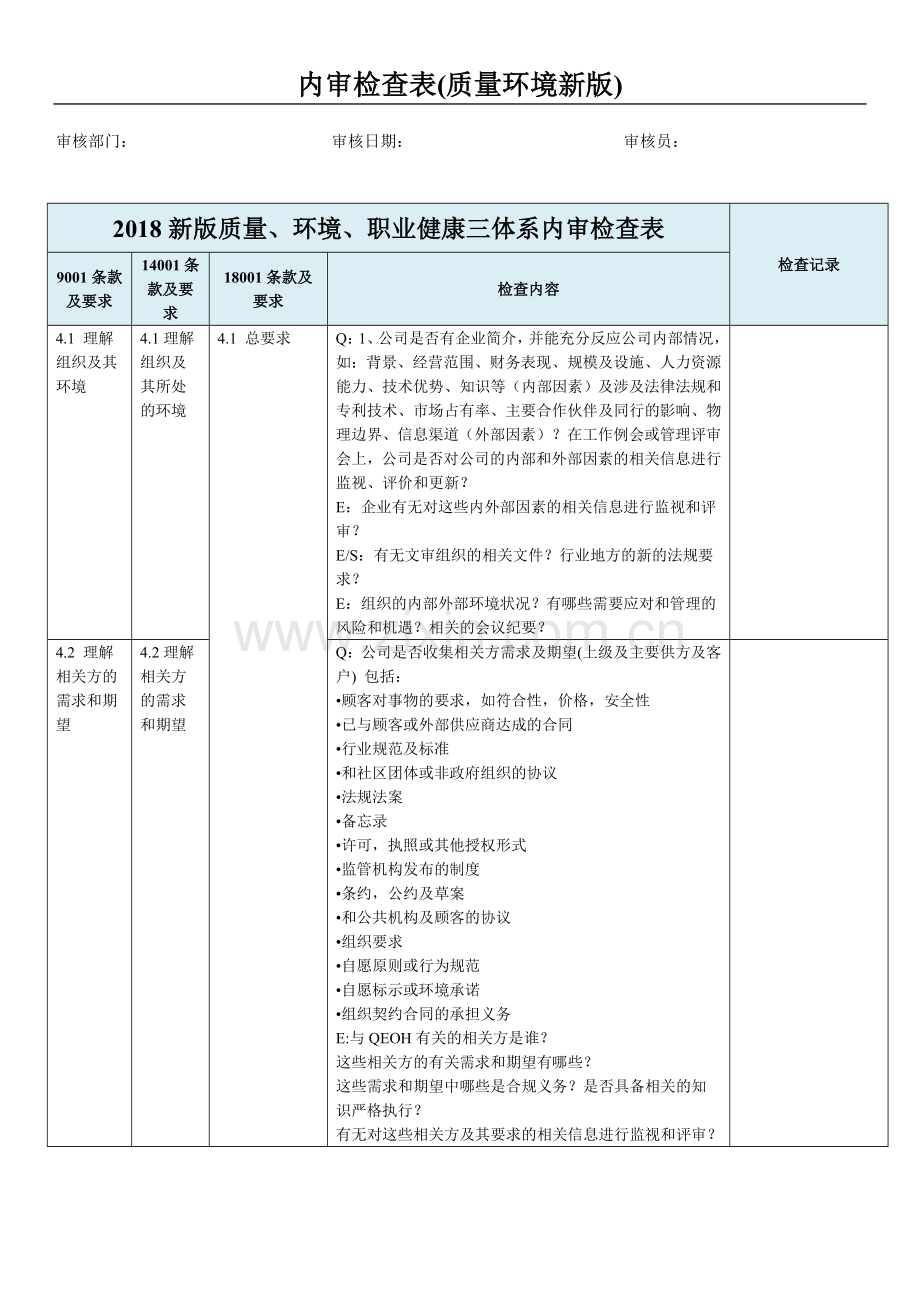 2018年新版三体系内审检查表.doc_第1页