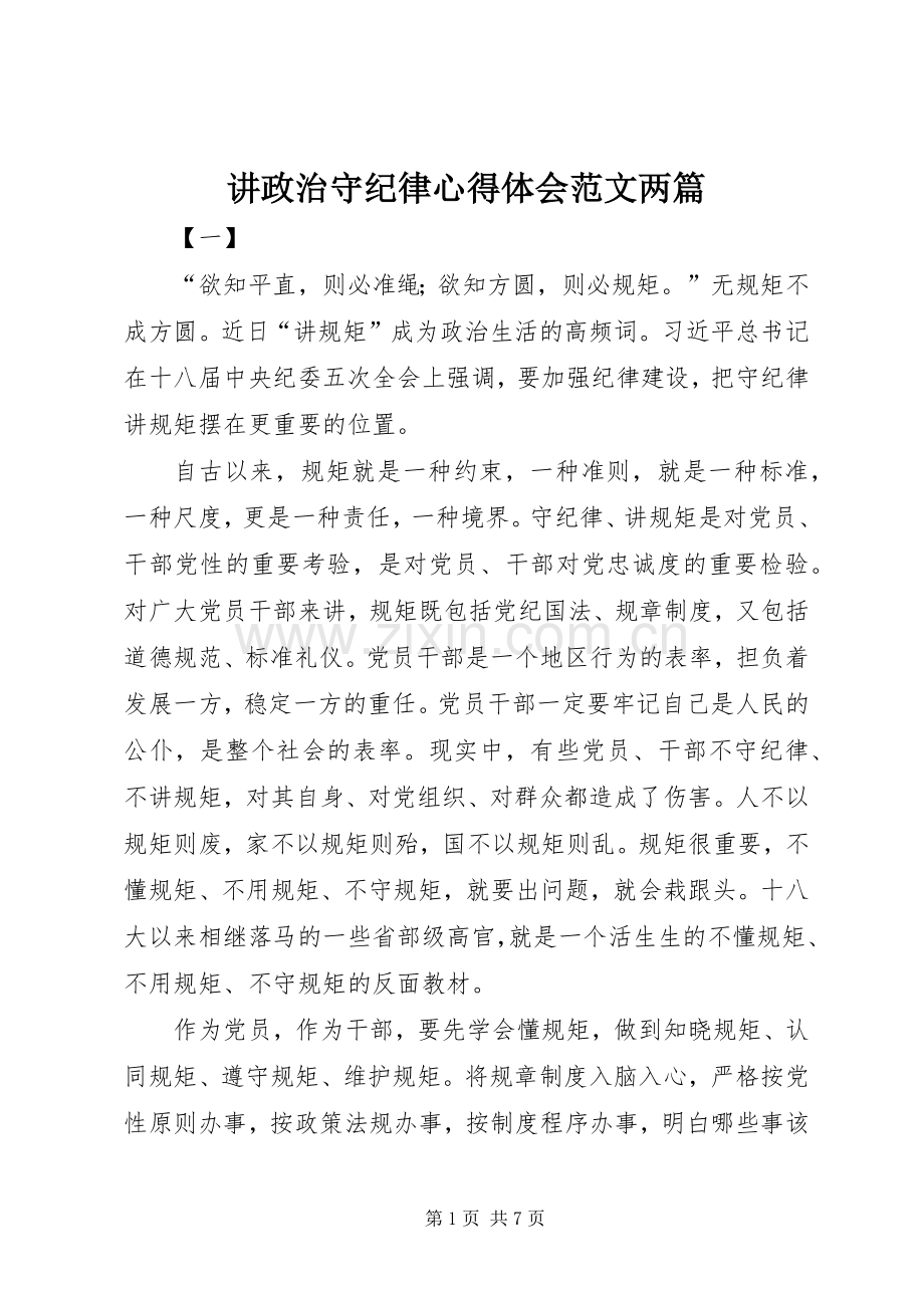 讲政治守纪律体会心得范文两篇.docx_第1页