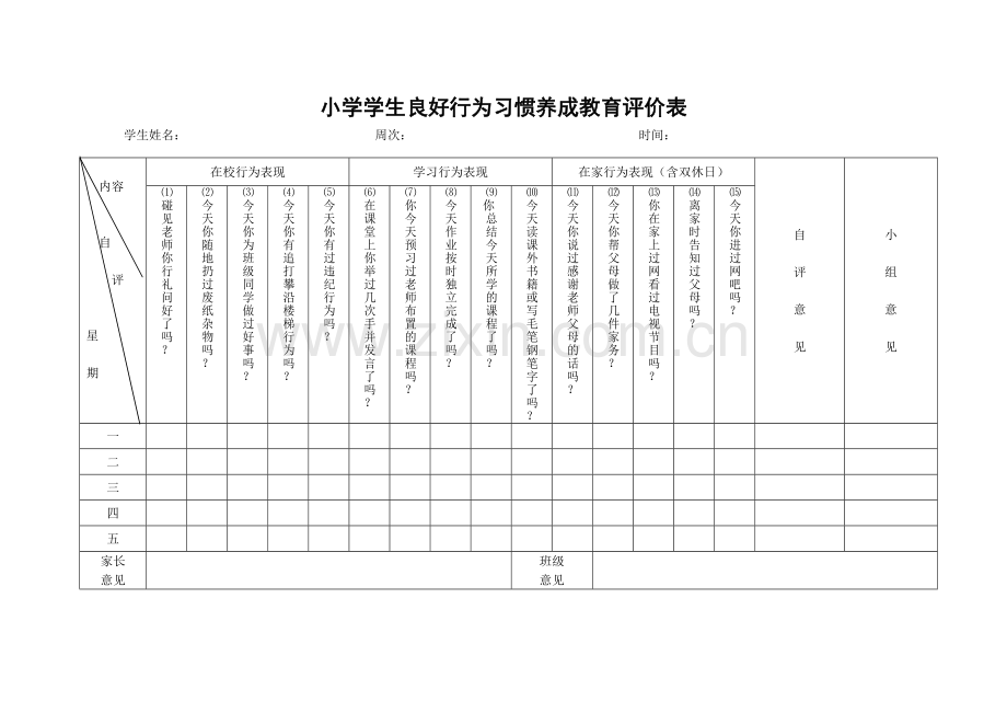 小学学生良好行为习惯养成教育评价表.doc_第1页