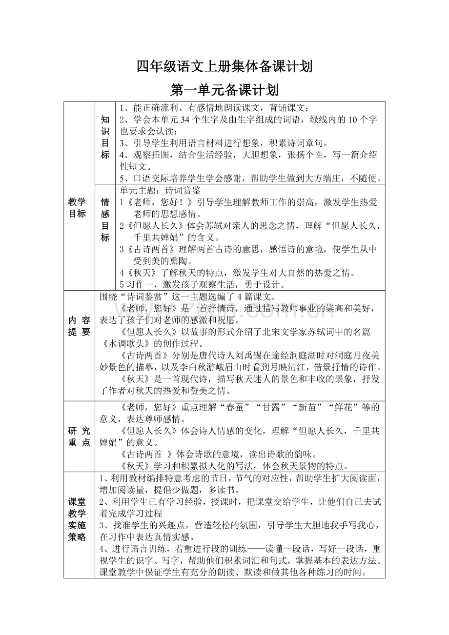 苏教版小学四年级语文上册集体备课单元计划.doc_第1页