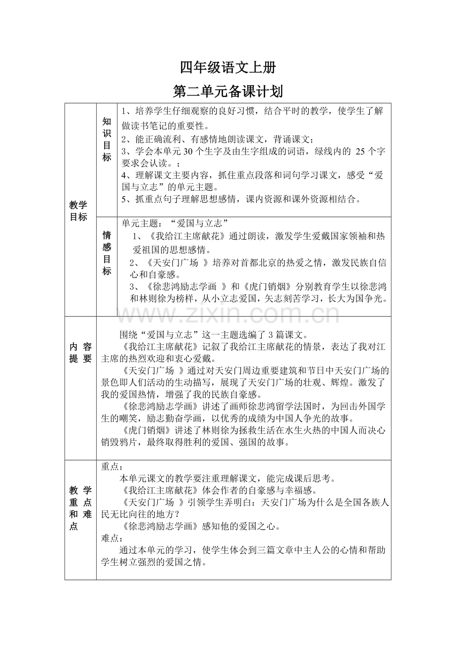 苏教版小学四年级语文上册集体备课单元计划.doc_第2页