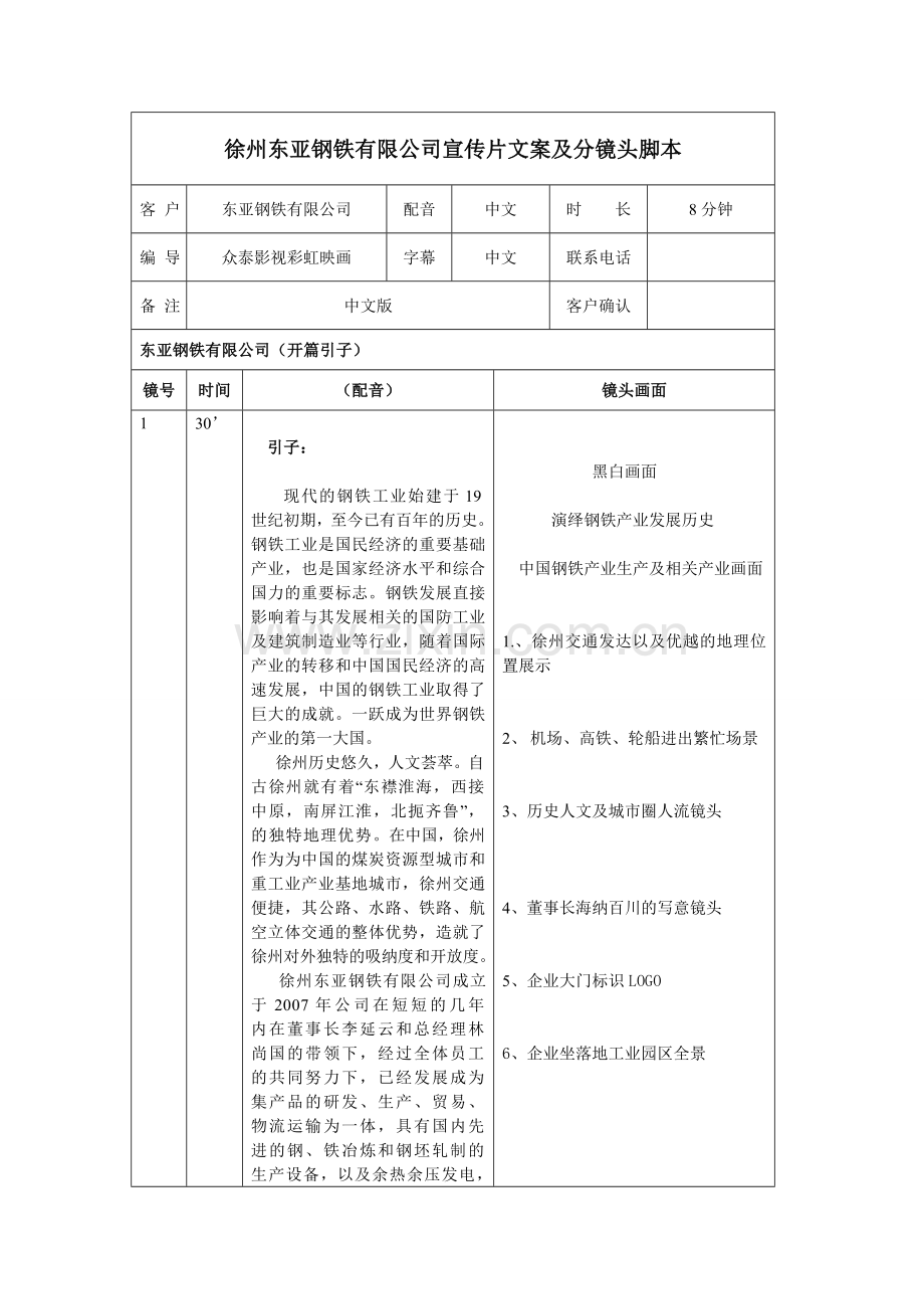 徐州企业宣传片【东亚钢铁有限公司宣传片文案及分镜头脚本】.doc_第1页