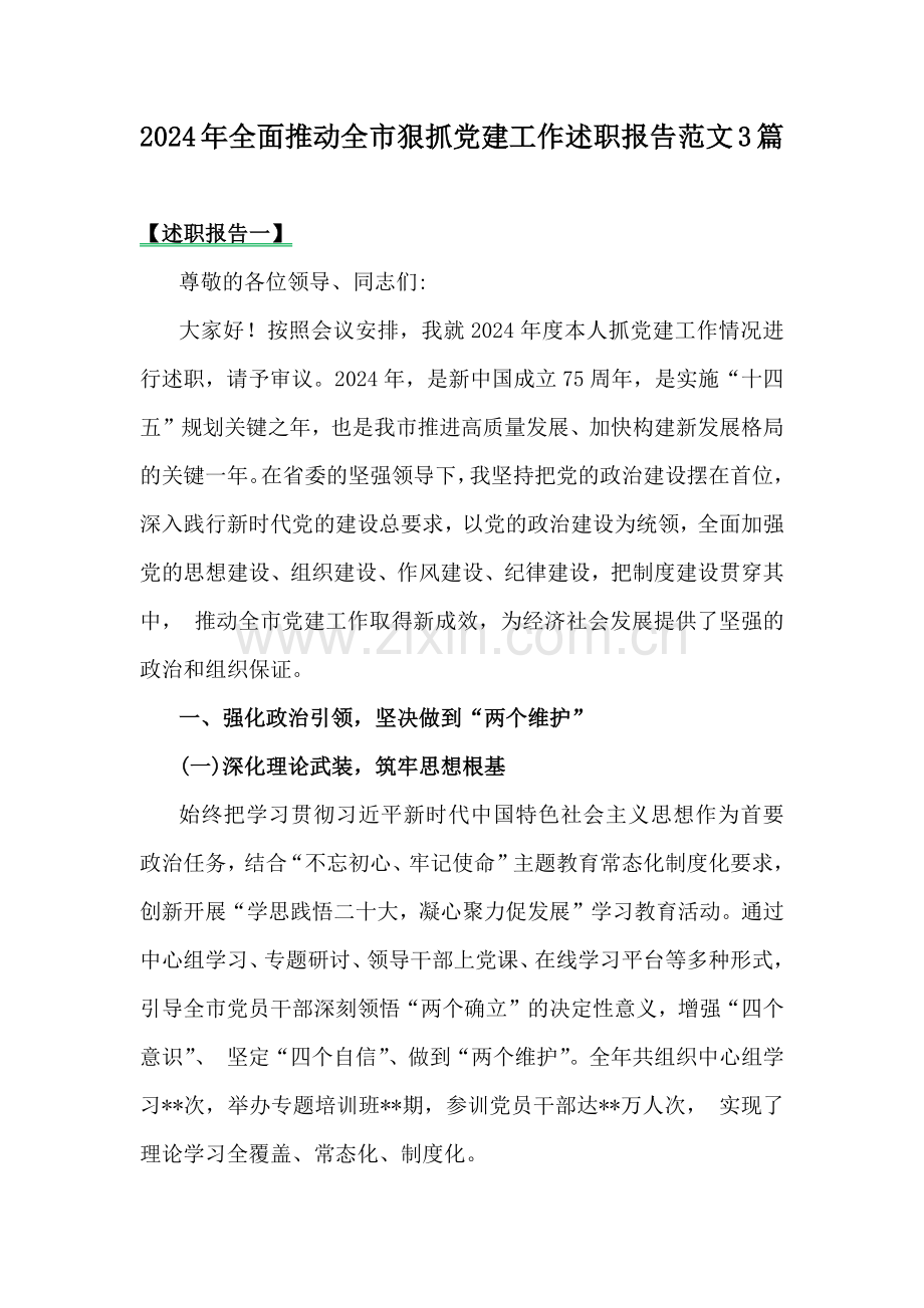 2024年全面推动全市狠抓党建工作述职报告范文3篇.docx_第1页