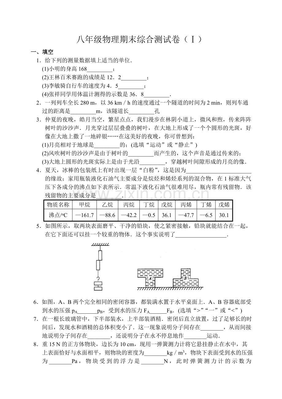 八年级物理期末综合测试卷(Ⅰ).doc_第1页