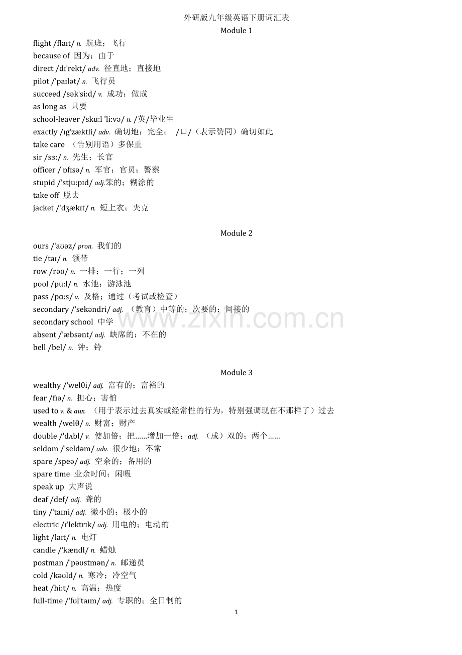 外研版英语九年级下册词汇表(音标、打印).doc_第1页