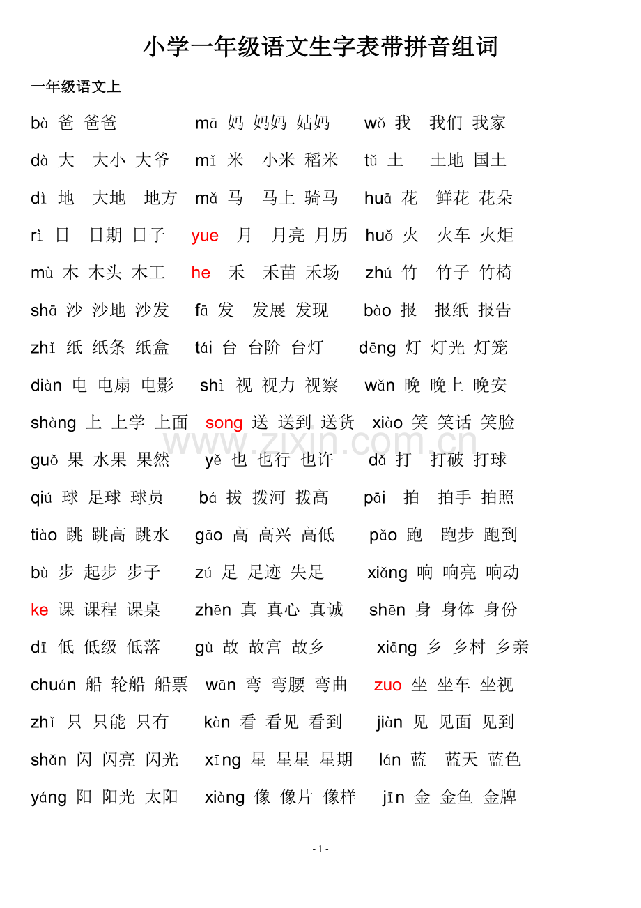 小学一年级语文生字表带拼音组词.doc_第1页