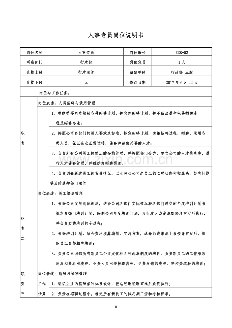 人事专员职位说明书.doc_第1页