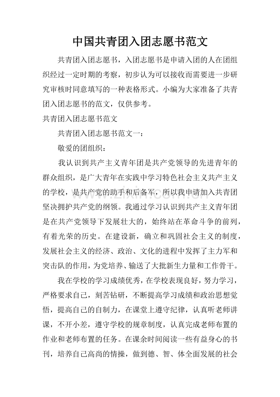 中国共青团入团志愿书范文.docx_第1页