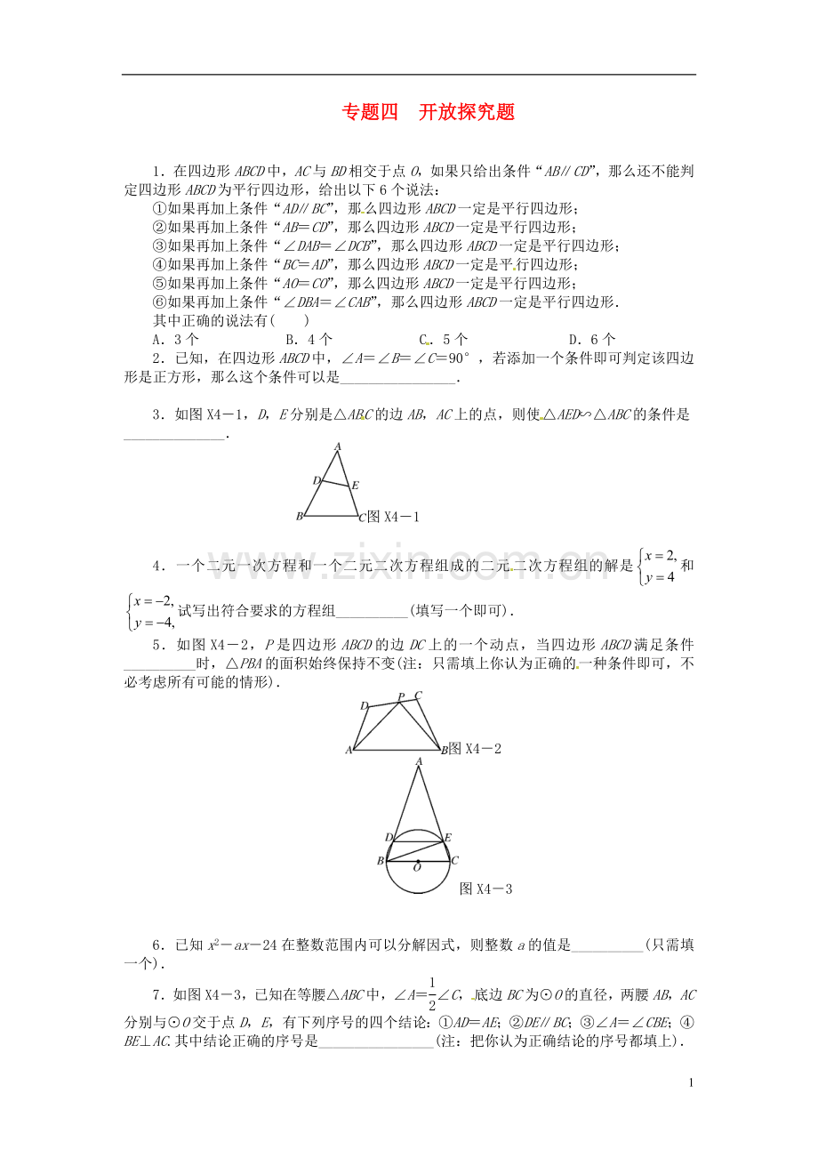 2013年中考数学第一轮复习资料-第四部分-专题突破-专题四-开放探究题(无答案).doc_第1页