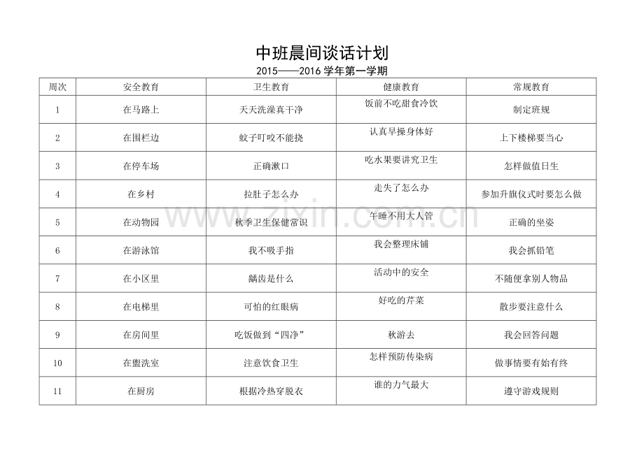 中班上学期晨间谈话计划.doc_第1页