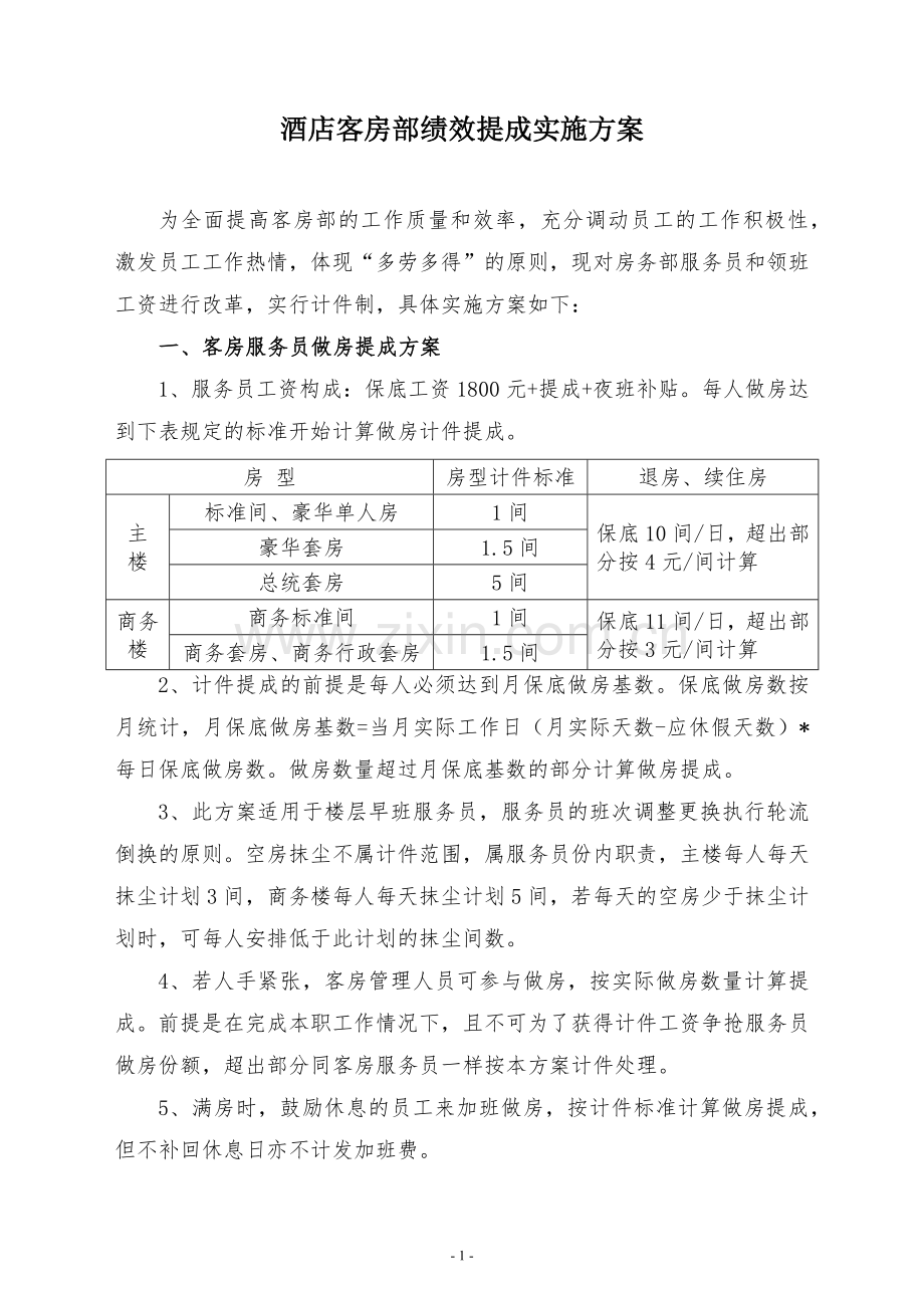 酒店客房部绩效提成方案.docx_第1页