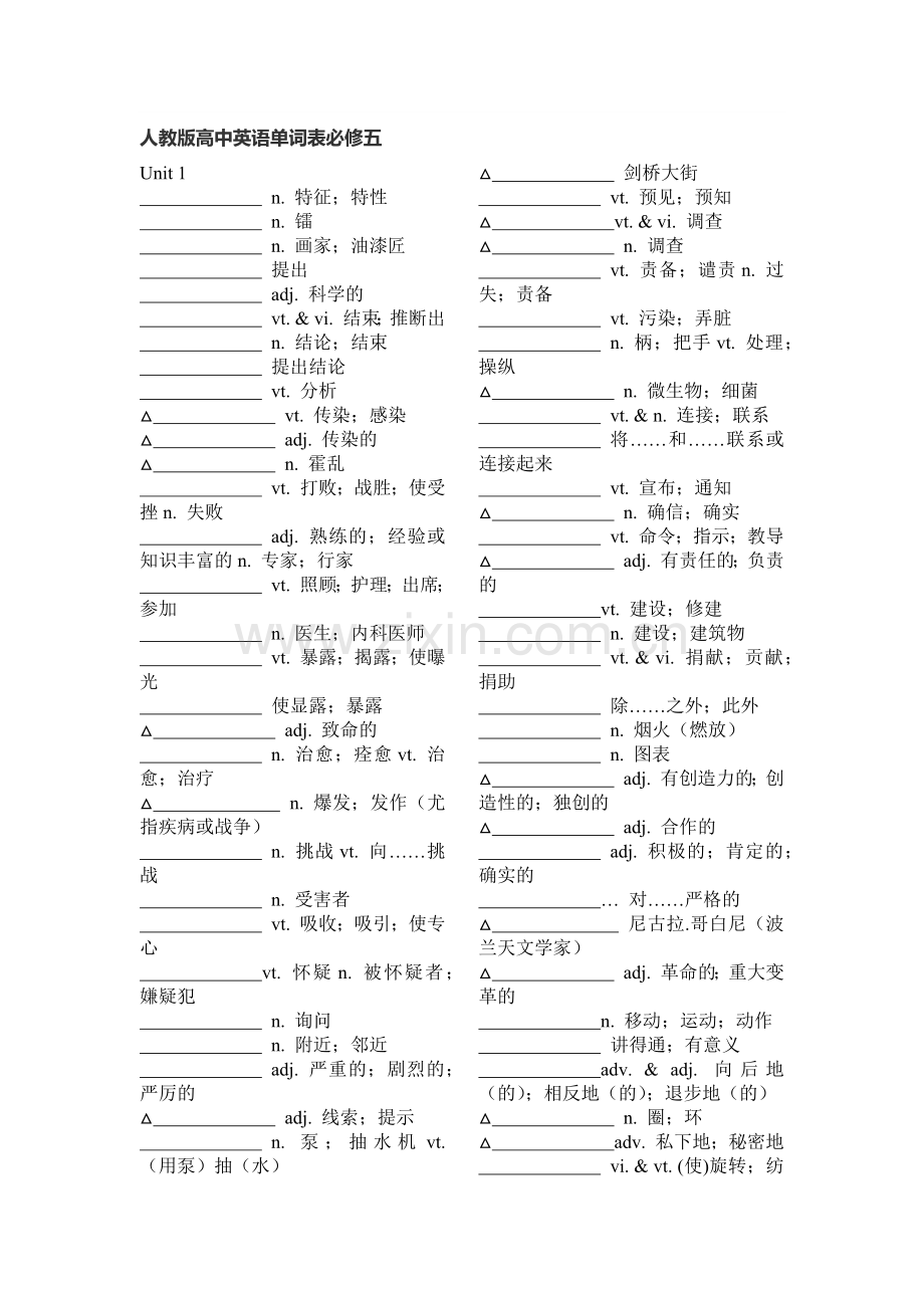 人教版高中英语单词表必修五默写版.docx_第1页