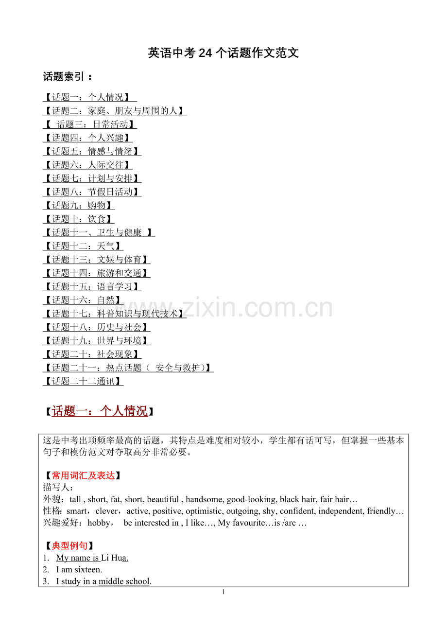 英语中考24个话题作文范文.doc_第1页