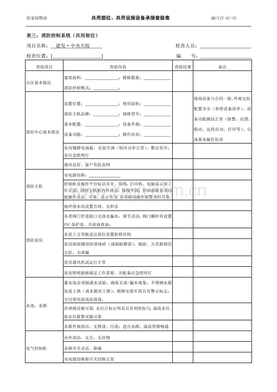 消防系统-公共部位设施设备承接查验表.doc_第1页