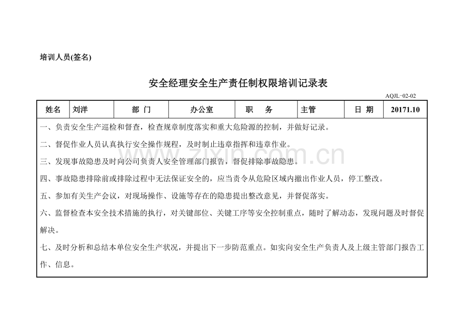 各级管理层安全生产责任制权限培训记录表.docx_第2页