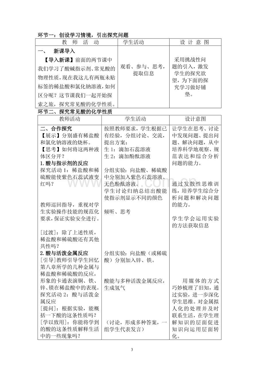 九年级化学公开课《常见的酸和碱——酸的化学性质》教学设计.doc_第3页