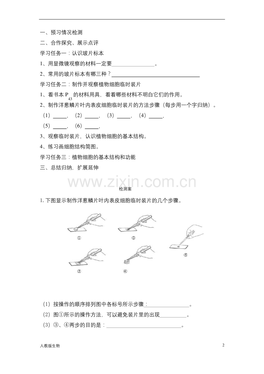 人教版七年级生物上册《植物细胞》导学案及练习.docx_第2页