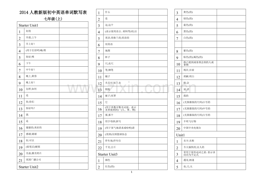 人教新版七年级上册英语单词默写表(直接打印).doc_第1页