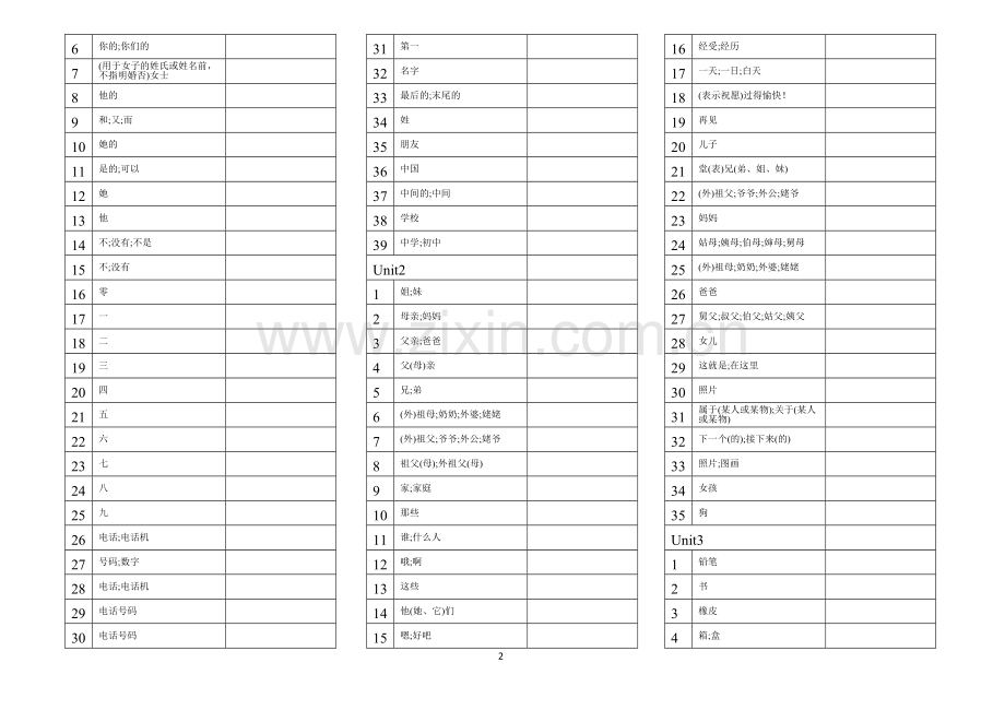 人教新版七年级上册英语单词默写表(直接打印).doc_第2页