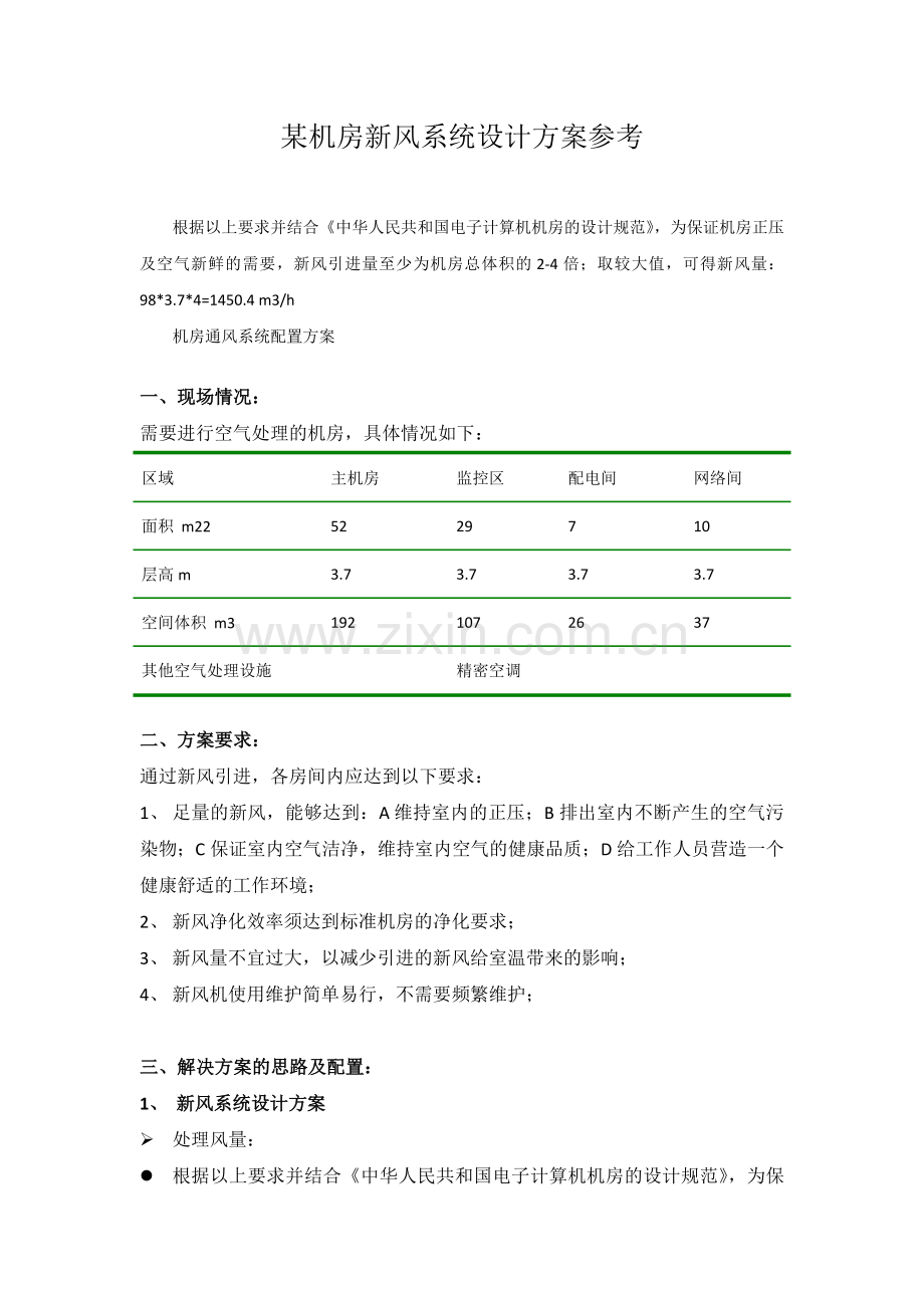 某机房新风系统设计方案参考.docx_第1页