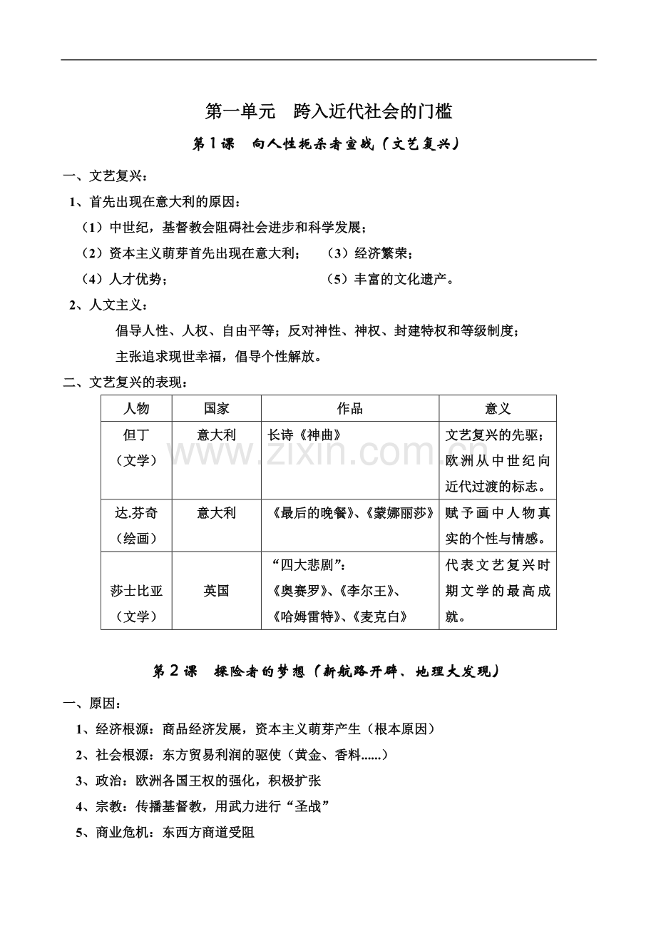 北师大版九年级历史上册每课知识点总结复习(教师用).doc_第1页