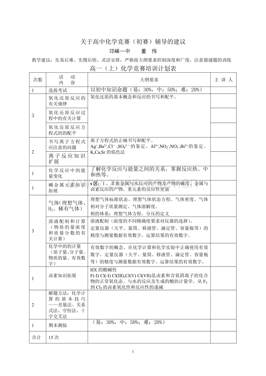 高中化学竞赛培训计划.doc_第1页