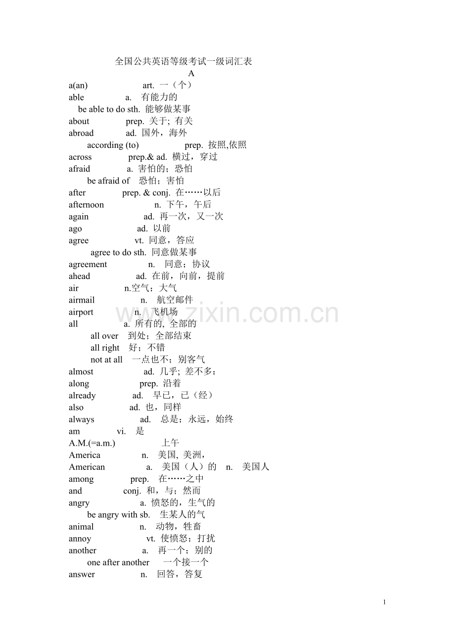 全国英语等级考试一级词汇表.doc_第1页