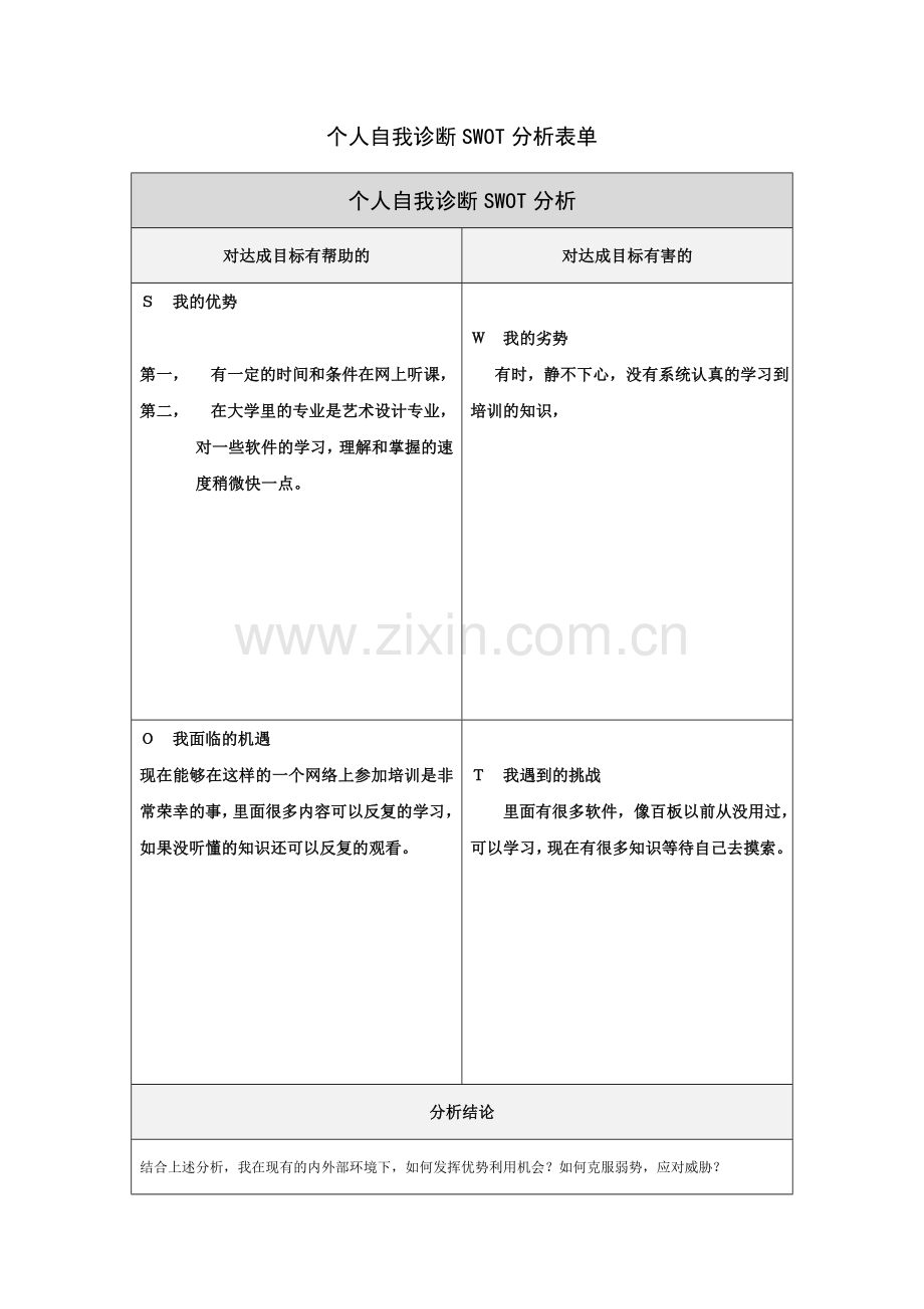 唐姣个人自我诊断SWOT分析表(1).doc_第1页