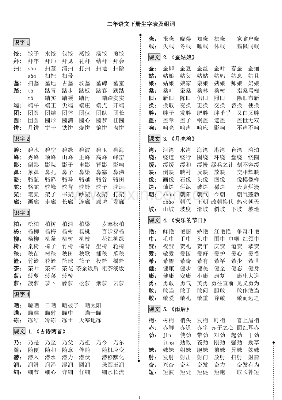 苏教版小学语文-二年级下册-生字表及组词.doc_第1页