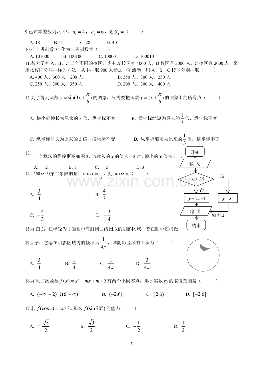 云南省2015年7月普通高中学业水平考试数学试卷及答案.doc_第2页