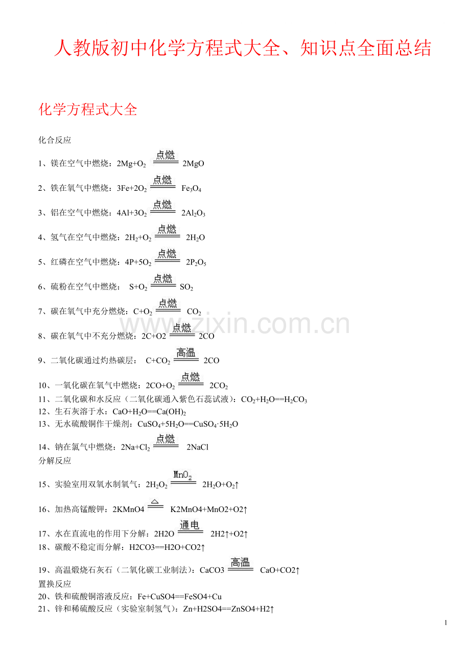 初中化学方程式大全和知识点全面总结.doc_第1页