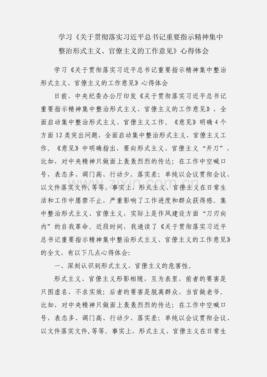 学习《关于贯彻落实习近平总书记重要指示精神集中整治形式主义、官僚主义的工作意见》心得体会.docx_第1页