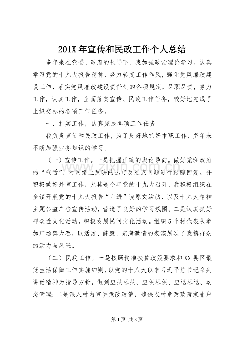 202X年宣传和民政工作个人总结.docx_第1页