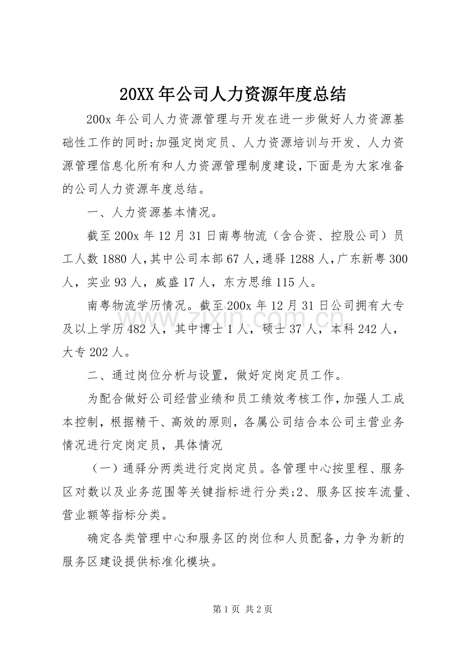 20XX年公司人力资源年度总结.docx_第1页