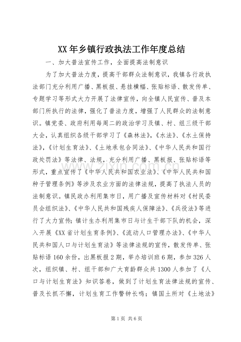 XX年乡镇行政执法工作年度总结 .docx_第1页